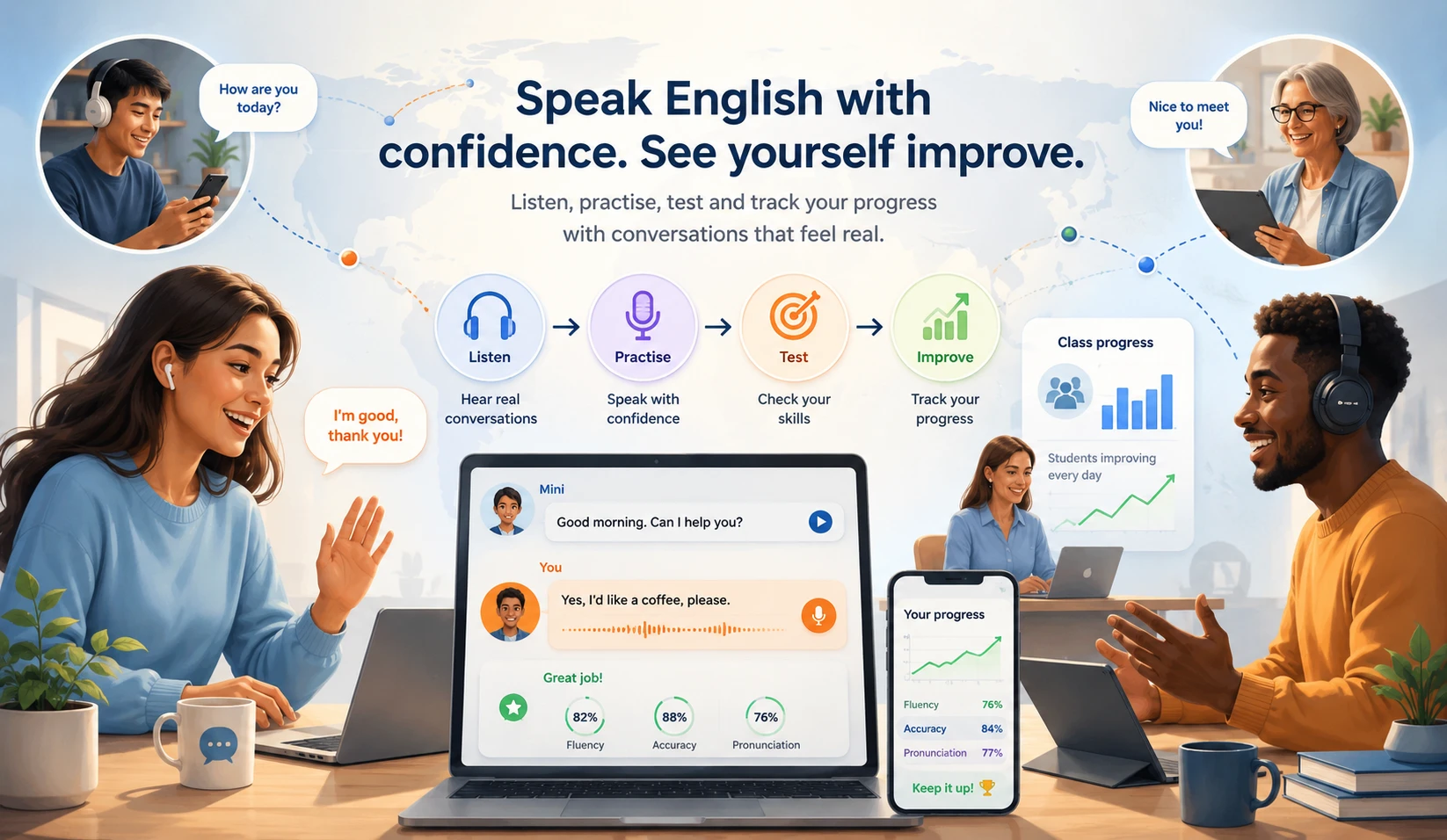Students practising English conversation